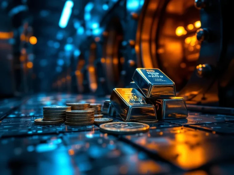 Zilveren munten en staven in beveiligde kluiscompartimenten met professionele verlichting en stalen wanden