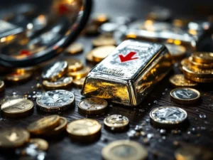 Zilveren munten en staven op donker hout met vergrootglas, rode waarschuwingssymbolen tonen investeringsrisico's