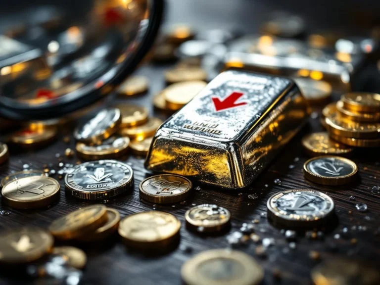 Zilveren munten en staven op donker hout met vergrootglas, rode waarschuwingssymbolen tonen investeringsrisico's