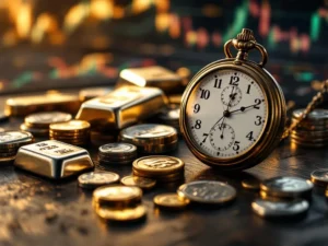 Zilveren munten en staven met vintage zakhorloge op donkere houten tafel, financiële grafieken op achtergrond