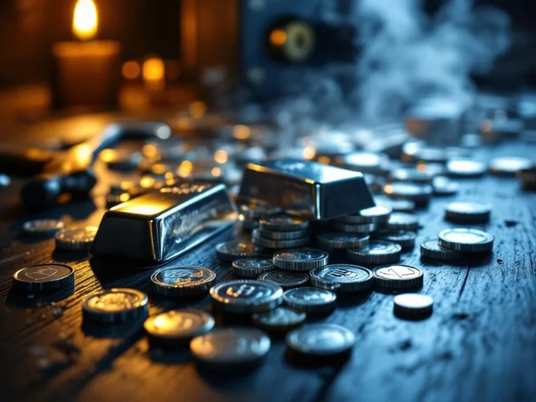 Zilveren munten en staven op donker hout naast inbrekersgereedschap en open kluis, dramatische belichting toont kwetsbaarheid