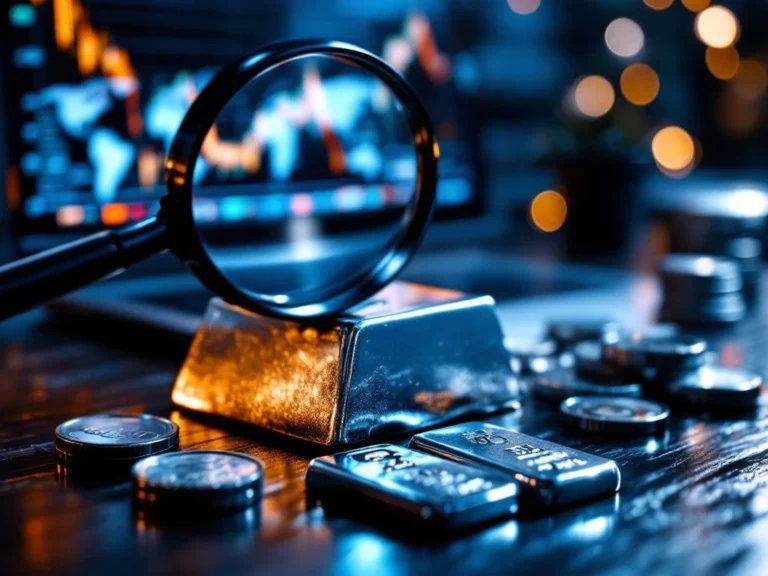 Zilveren munten en staven op donker hout met vergrootglas en financiële grafieken op computerscherm op achtergrond