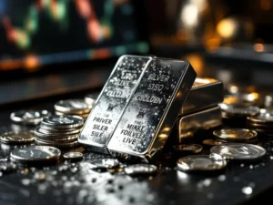 Zilveren baren en munten op donkere houten ondergrond met dramatische verlichting en handelsgrafieken op achtergrond