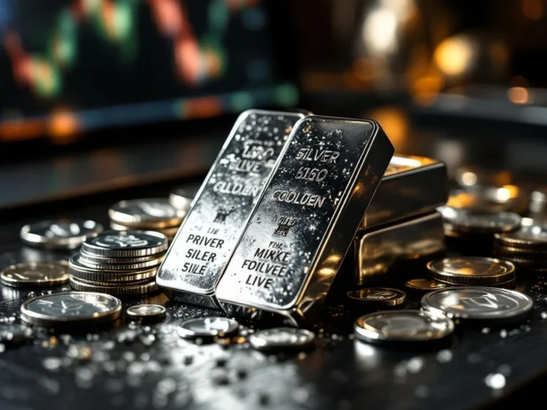 Zilveren baren en munten op donkere houten ondergrond met dramatische verlichting en handelsgrafieken op achtergrond