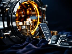 Open kluisdeur met gestapelde zilveren baren en munten op fluweel, dramatische belichting benadrukt luxe edelmetalen