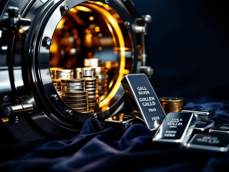 Open kluisdeur met gestapelde zilveren baren en munten op fluweel, dramatische belichting benadrukt luxe edelmetalen