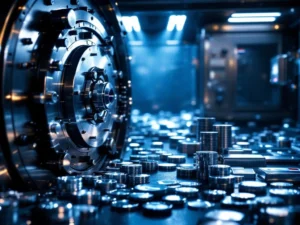 Zilveren munten en staven in open bankkluis met stalen deur en dramatische verlichting, Nederlandse vlagdetail zichtbaar