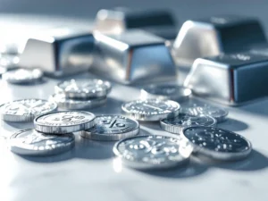 Zilveren munten en staven op witte ondergrond met dramatische verlichting en prijslabels bij laagste premiumproducten