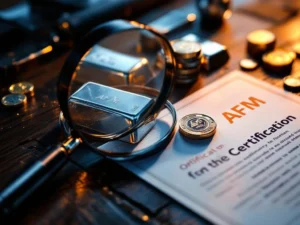 Zilveren munten en staven op donker hout met AFM-certificaat en vergrootglas voor edelmetaalhandel verificatie