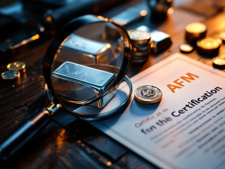 Zilveren munten en staven op donker hout met AFM-certificaat en vergrootglas voor edelmetaalhandel verificatie