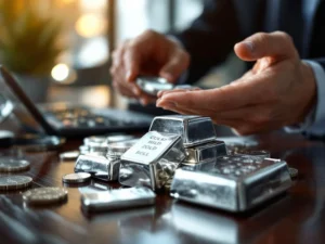 Zilveren munten en staven op donker hout met zakelijke transactie op achtergrond, calculator en vergrootglas zichtbaar