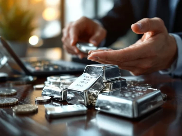 Zilveren munten en staven op donker hout met zakelijke transactie op achtergrond, calculator en vergrootglas zichtbaar