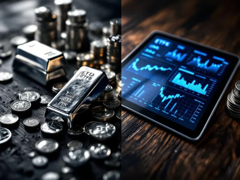 Fysiek zilver munten en staven naast tablet met digitale ETF-grafieken, contrast tussen traditioneel en modern beleggen