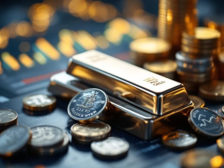 Zilveren munten en staven met glanzende reflecties, financiële grafieken op achtergrond, edelmetalen investering