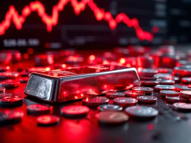 Zilveren munten en staven op donker hout met rode waarschuwingslichten en dalende financiële grafieken op achtergrond
