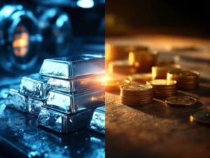 Zilverbaren in kluis versus zilveren munten op houten tafel, investeringen tegenover sparen vergelijking