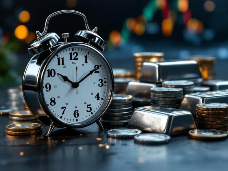 Zilveren munten en staven op donker hout met analoge klok, zachte verlichting benadrukt edelmetaal investeringen
