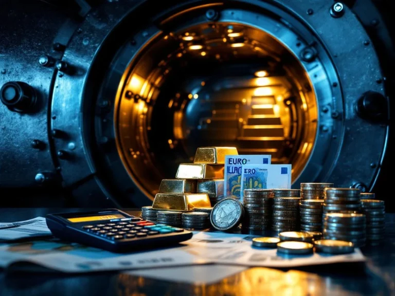 Zilveren munten en staven in bankkluis met calculator en euro bankbiljetten voor kostencalculaties