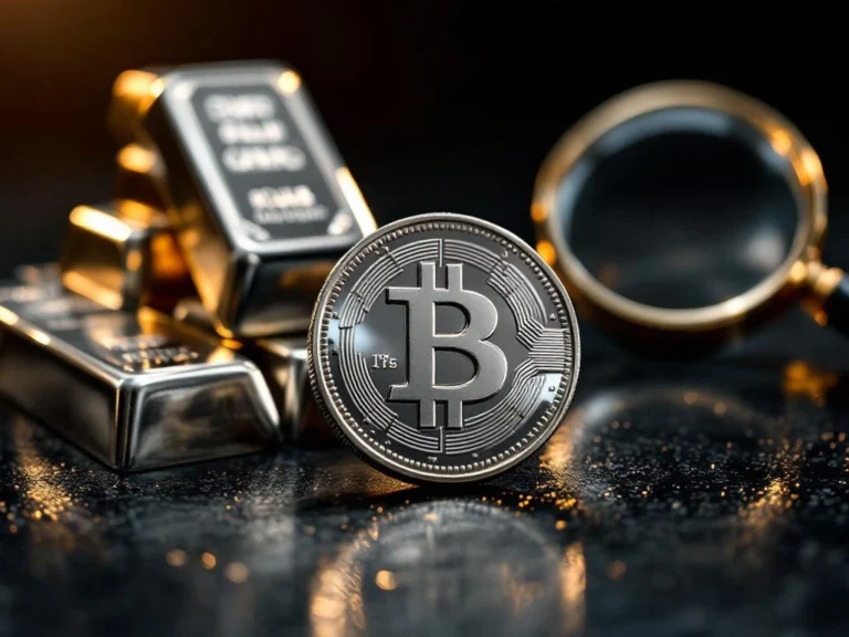 Zilveren munt met reflecties op donkere ondergrond, omringd door zilverbaren en vergrootglas voor investering