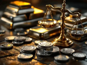 Zilveren munten en staven op donkere houten ondergrond met dramatische verlichting en messing weegschaal op voorgrond