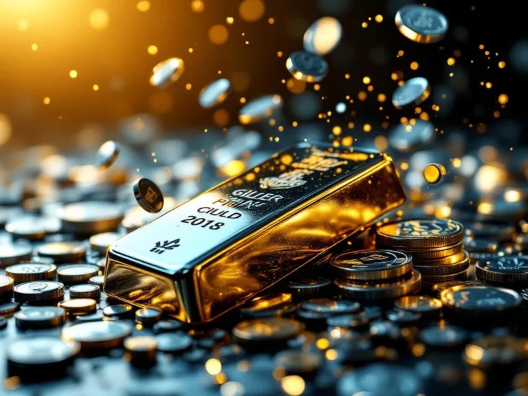 Zilveren munten en staven zweven dynamisch met gouden lichtreflecties tegen blauwe schaduwen en vage financiële grafieken