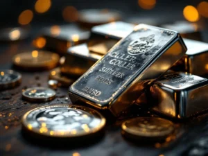 Zilveren munten en staven op donker hout met dramatische verlichting en reflecties, luxe edelmetalen investering