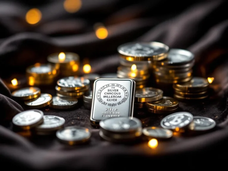Zilveren munten, staafjes en rounds voor beginners op fluwelen ondergrond met dramatische verlichting
