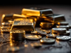 Zilveren munten en staven op donkere houten ondergrond met dramatische verlichting en glanzende reflecties