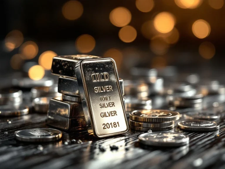 Glanzende zilveren munten en staven op donker hout met dramatische belichting voor investering en vermogensbeheer