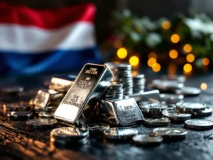 Zilveren munten en staven op donker hout met Nederlandse vlag op achtergrond, dramatische belichting toont luxe