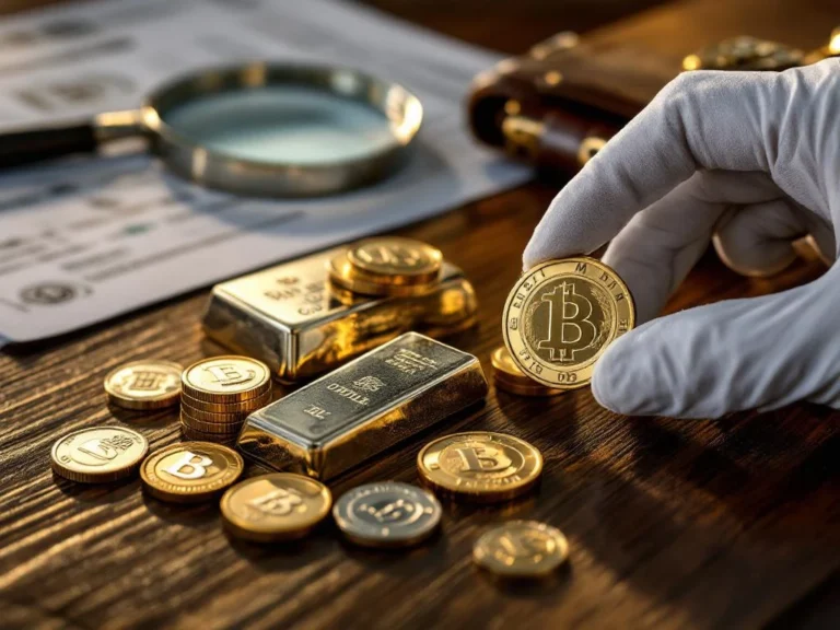 Zilveren munten en staven op donker hout met vergrootglas en certificaten voor edelmetaalhandel