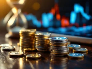 Stapel zilveren munten en staven op donker hout met vallende munten, zandloper en financiële grafieken op achtergrond