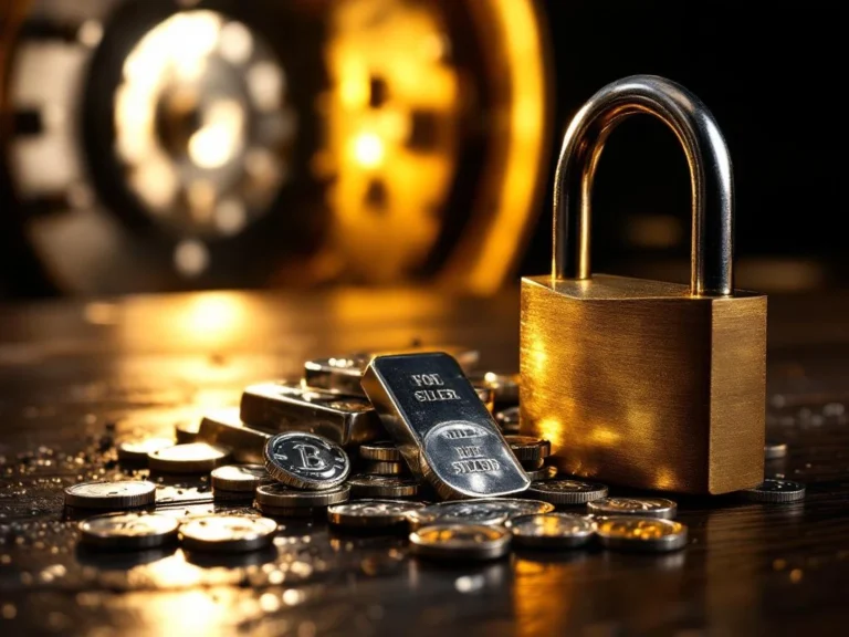 Zilveren munten en staven op donker hout met kapot hangslot en kluisdeur op achtergrond, financiële onzekerheid concept