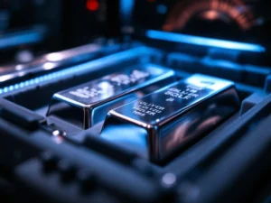 Zilveren staven en munten in beveiligde kluisopslag met LED-verlichting en beschermende foam compartimenten