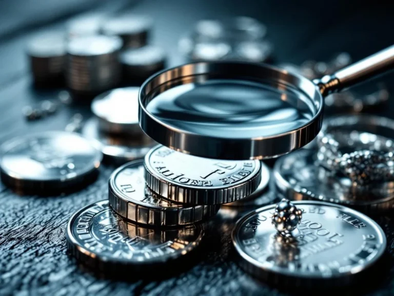 Zilveren munten, staven en sieraden op donker hout met vergrootglas die hallmarks toont onder dramatische belichting