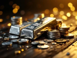 Zilveren munten en staven op donker hout met dramatische belichting en reflecties