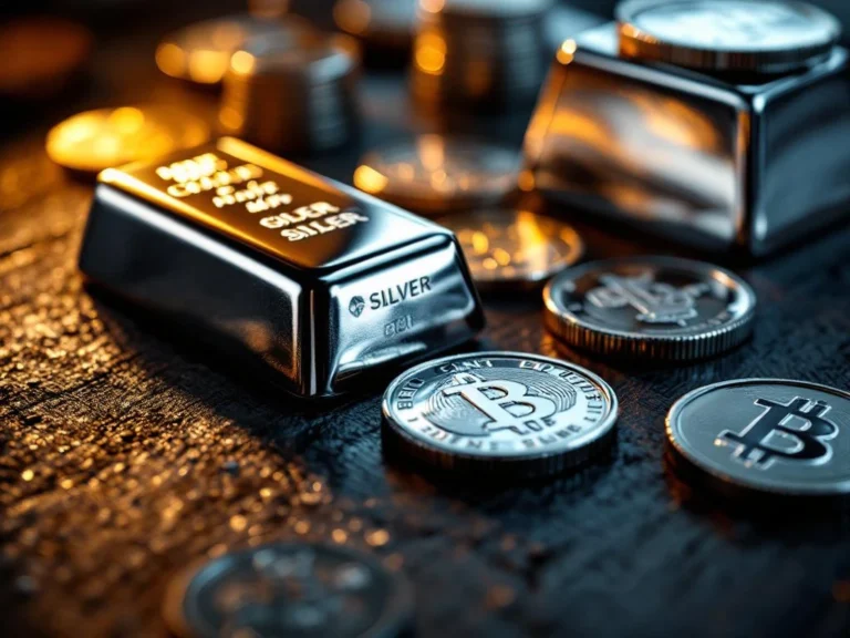 Zilveren munten en zilverbaren op donkere houten ondergrond met dramatische belichting en glanzende reflecties