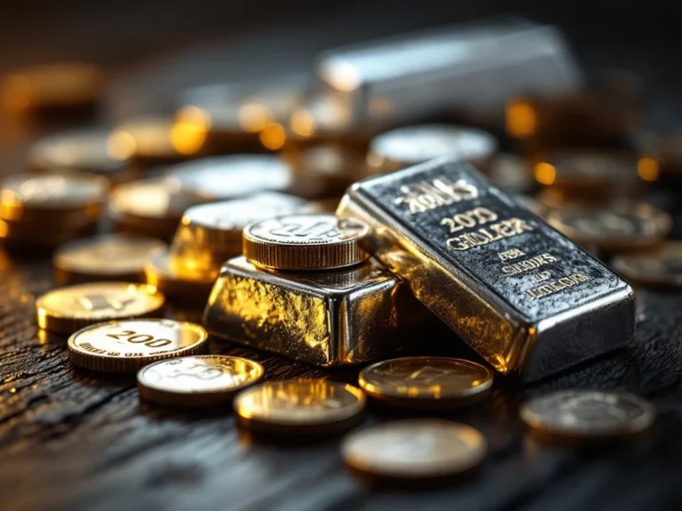 Zilveren munten en staven op donker hout met dramatische belichting en reflecties