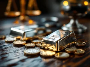 Zilveren munten en staven op donker hout met weegschaal en vergrootglas op achtergrond voor edelmetaalhandel