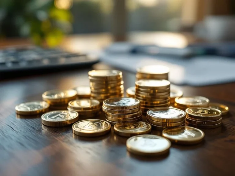 Glanzende zilveren munten en staven op donker hout met financiële documenten en rekenmachine op achtergrond