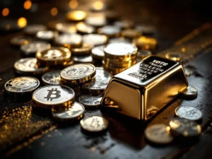 Zilveren munten en zilverbaren op donkere houten ondergrond met dramatische studiobelichting en gouden accenten