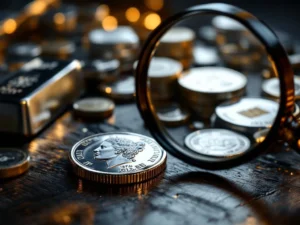 Zilveren munten en staven op donker hout met vergrootglas voor authenticiteitscontrole, dramatische belichting