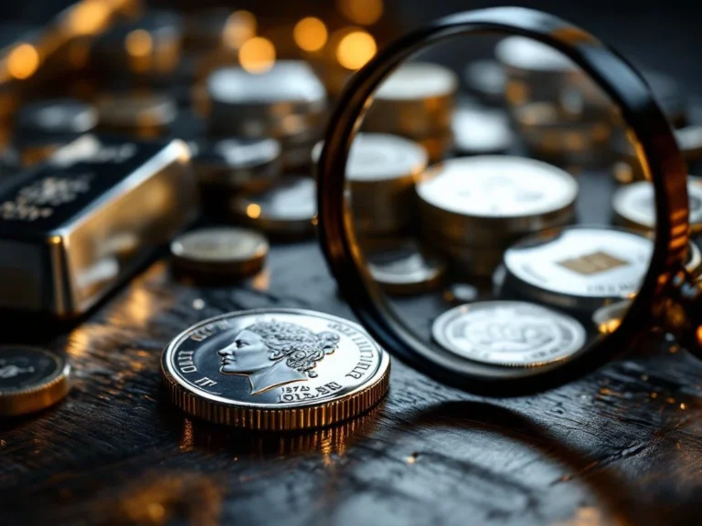 Zilveren munten en staven op donker hout met vergrootglas voor authenticiteitscontrole, dramatische belichting