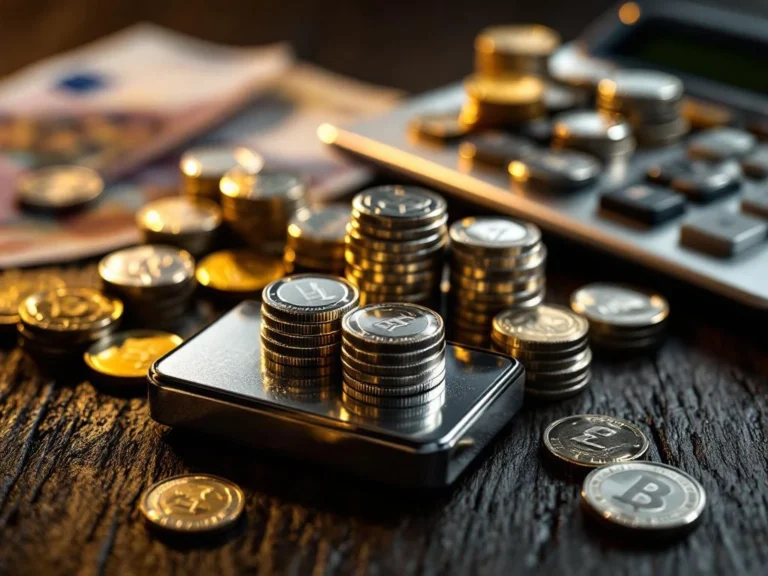 Zilveren munten en staven op weegschaal met calculator en eurobiljetten op donkere houten tafel voor edelmetaalhandel