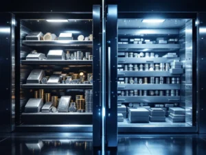 Zilveren munten en staven in gescheiden compartimenten versus gemengde opslag in kluizen met dramatische belichting