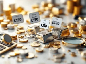 Zilveren munten en staven met prijslabels, rekenmachine en vergrootglas voor edelmetaal waardering en vergelijking