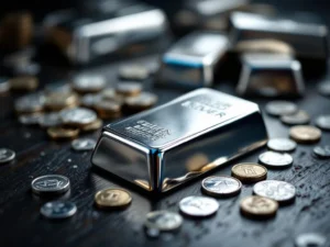 Zilveren edelmetaalbaar en munten op donker hout met professionele studiobelichting en spiegelende reflecties