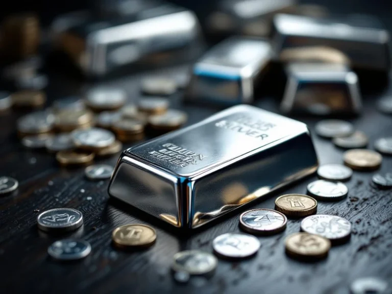 Zilveren edelmetaalbaar en munten op donker hout met professionele studiobelichting en spiegelende reflecties