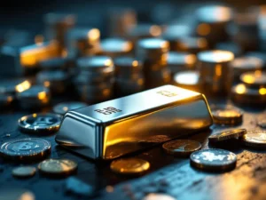 Zilveren staven en munten op donkere houten ondergrond met gouden verlichting en dramatische reflecties