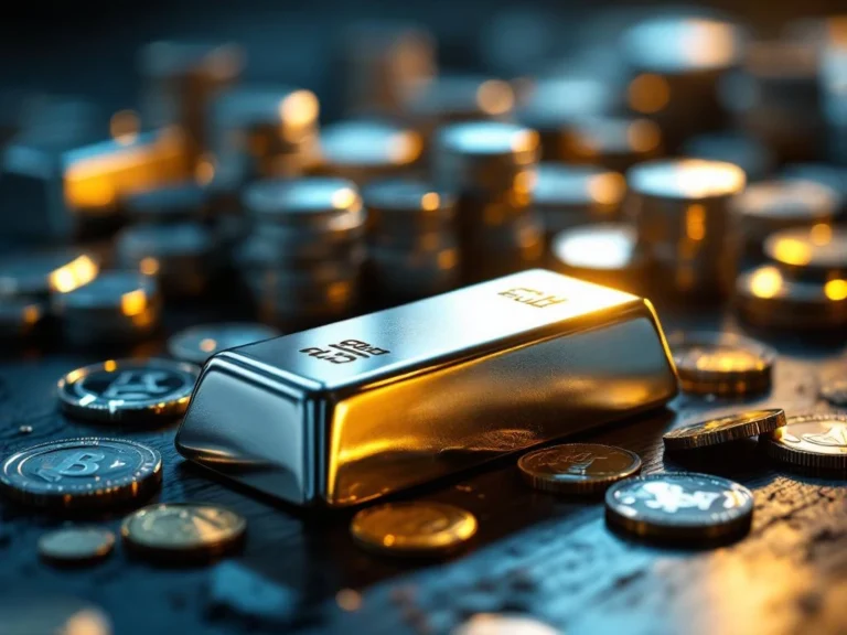 Zilveren staven en munten op donkere houten ondergrond met gouden verlichting en dramatische reflecties